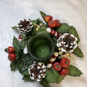 Vintage Christmas Glass Votive Candle‎ Ring Holder Holly Pine Cone Centerpiece